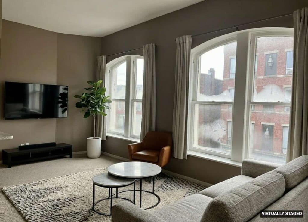 Staged living room at 83 Washington Street Unit 3C, South Norwalk, Connecticut